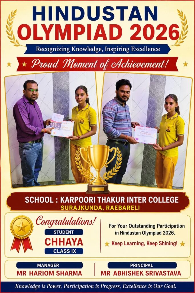 School poster congratulating Chhaya of Class IX on her participation in the Hindustan Olympiad 2026, showing her receiving her certificate